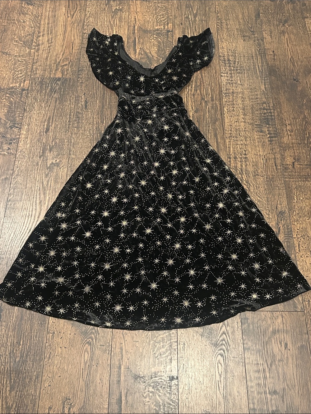 Cider Black Velvet Midi Dress with Gold Stars Ruffle Tie Back V-Neck